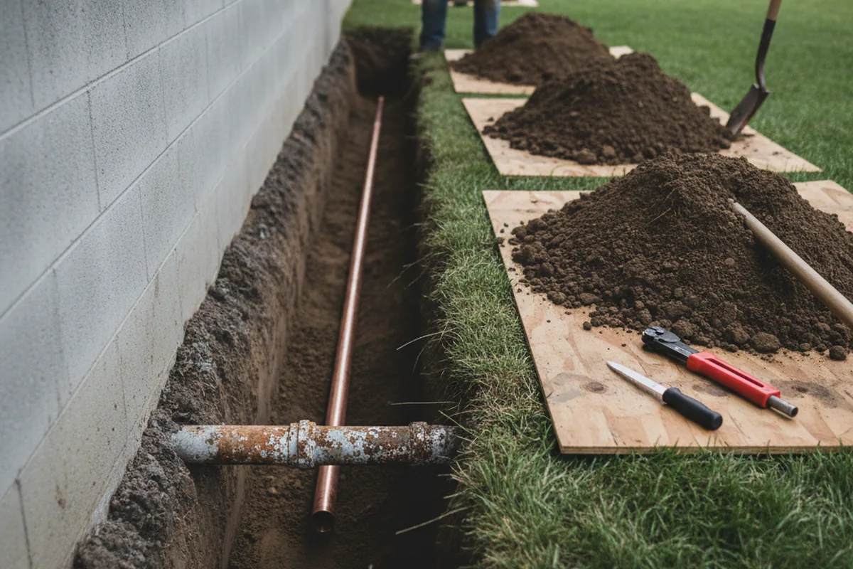 Excavated water line trench during Water Heater Repair in Ash
